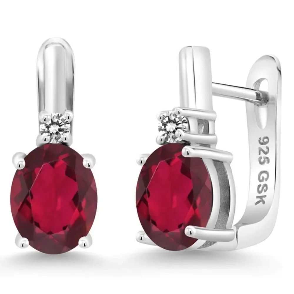 925 Sterling Silver 3.73 Cttw Ruby Red Mystic Quartz and White Diamond Earrings